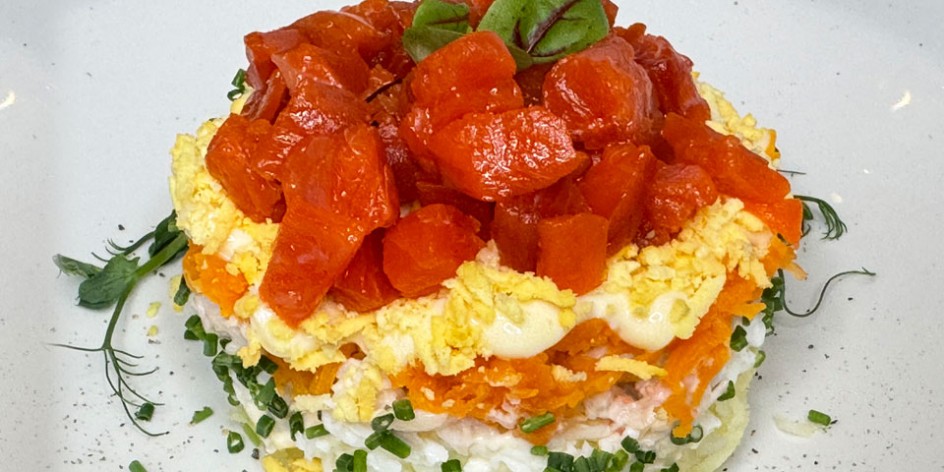 Mimosa salad with sockeye salmon and crab