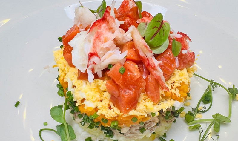 Mimosa salad with sockeye salmon and crab